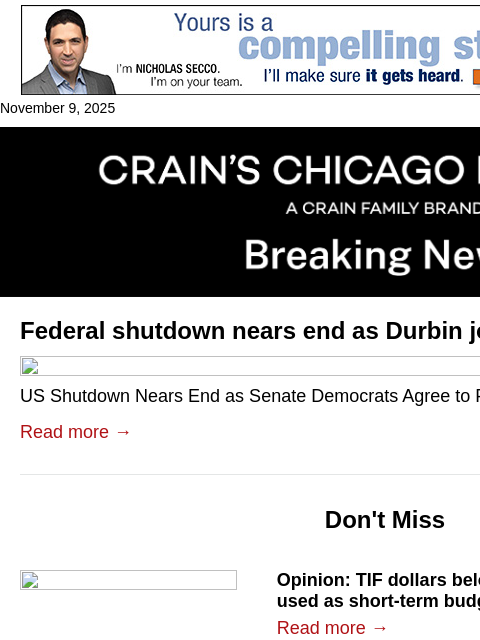 crainalerts newsletter: Durbin joins Senate deal to end shutdown