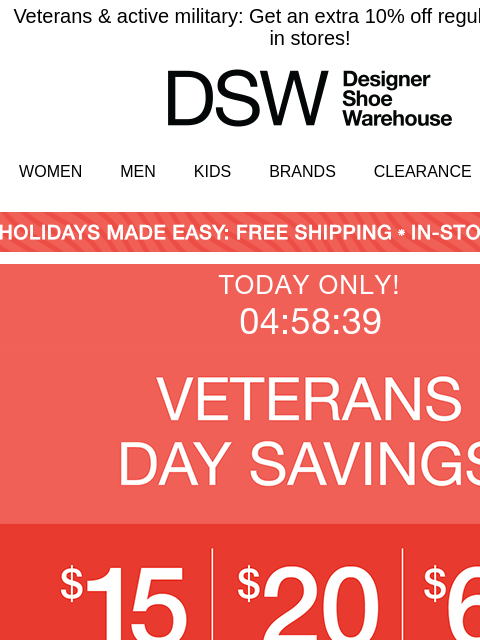 dsw newsletter: ONLY HOURS LEFT FOR $15 OFF