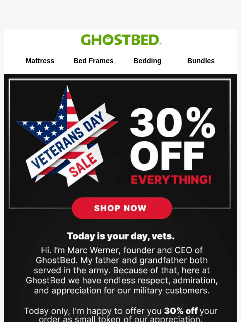ghostbed newsletter: ❤️💙 THANK YOU VETS - 30% OFF  ❤️💙
