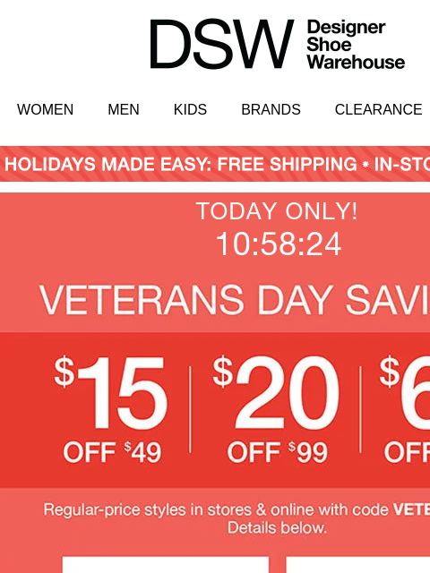 dsw newsletter: $15 off ends at midnight ⏰ 