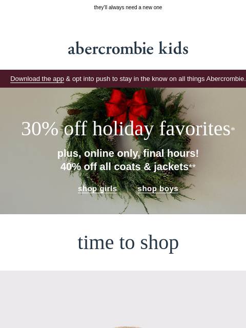 abercrombie newsletter: final hours: 40% OFF coats & jackets
