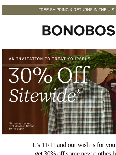 bonobos newsletter: Last Day for 30% Off Sitewide