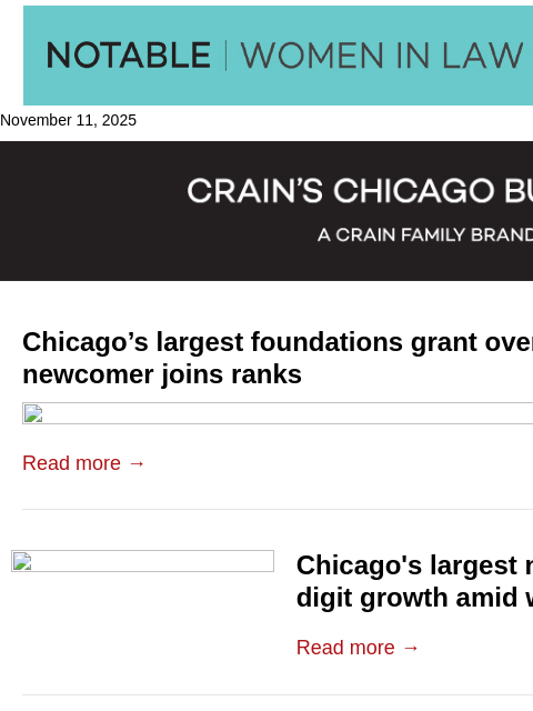 crainalerts newsletter: Chicago's largest nonprofits and foundations