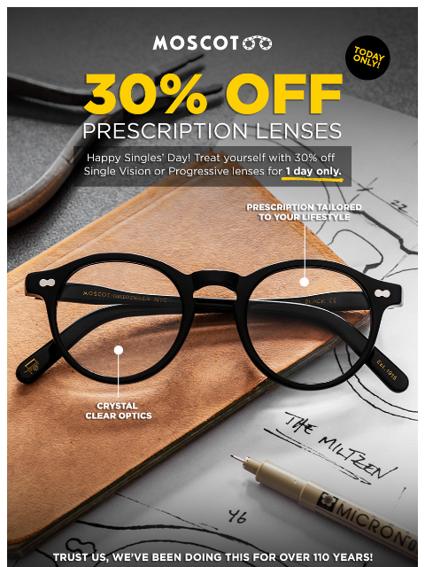 moscot newsletter: 30% OFF ALL PRESCRIPTION LENSES