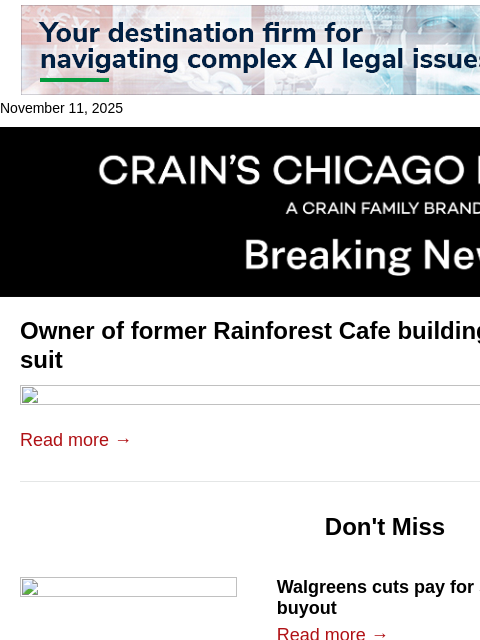 crainalerts newsletter: Rainforest Cafe's ex-landlord faces foreclosure su...