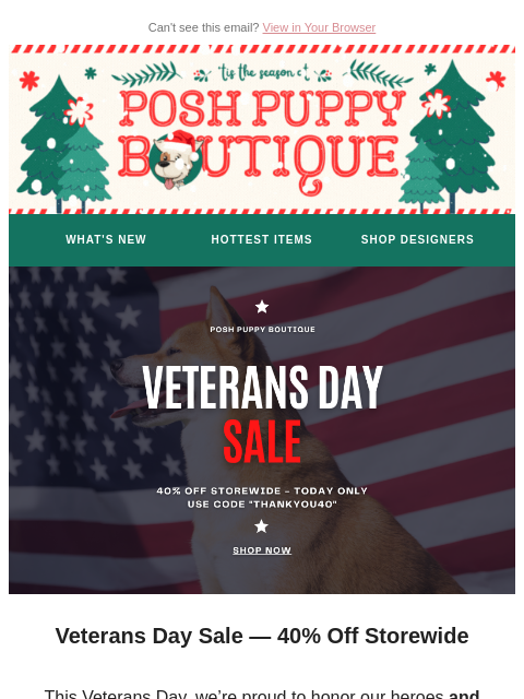 poshpuppyboutique newsletter: Celebrate Veterans Day with 40% Off USA-Made Favor...