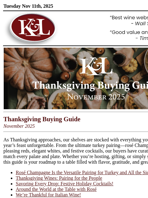 klwines newsletter: Hidden Gems & Showstoppers for Thanksgiving 2025