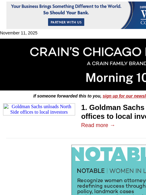 crainalerts newsletter: Goldman unloads North Side offices