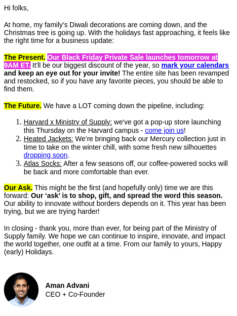 Hi folks, At home, my family's Diwali decorations are coming down, and the Christmas tree is going up. With the holidays fast approaching, it feels like the right time for a business update: The