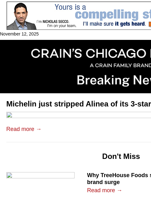 crainalerts newsletter: Alinea downgraded by Michelin guide