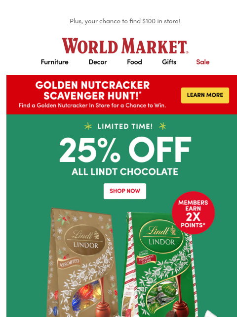 emailworldmarket newsletter: SWEET! 25% off Lindt Chocolate ✨🍫✨ 