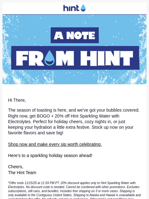 drinkhint newsletter: BOGO + 20% off Hint Sparkling for Toasting the Sea...