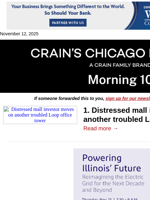 crainalerts newsletter: Mall investor moves on a troubled Loop tower