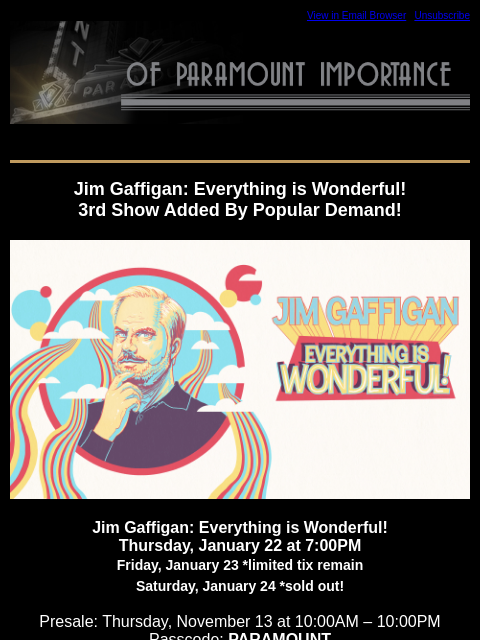 kroenkeentertainment newsletter: Shows Added for Jim Gaffigan & Seth Meyers + Macau...
