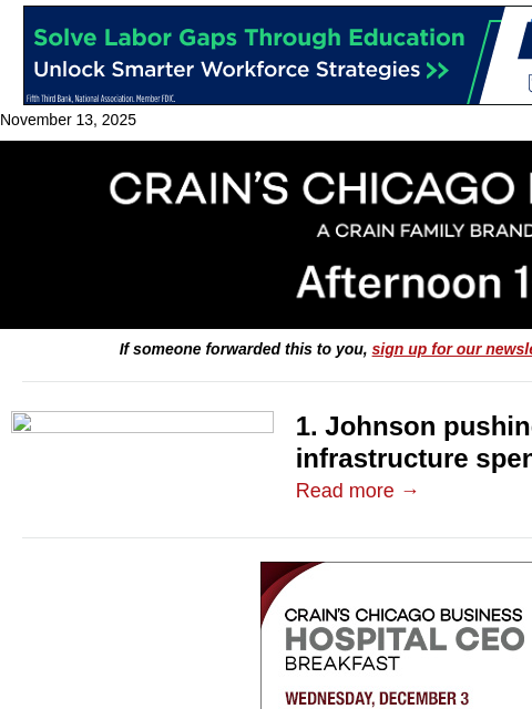 crainalerts newsletter: Johnson unveils $18B infrastructure spending push