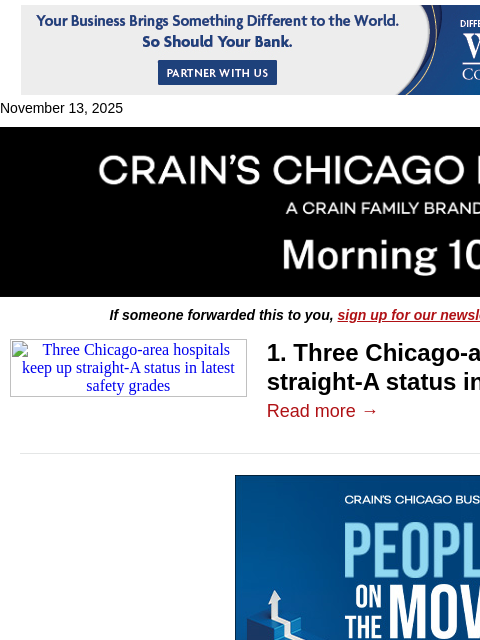 crainalerts newsletter: 3 Chicago hospitals earn perfect safety marks