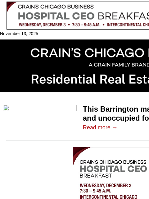 crainalerts newsletter: Mansion unsold, unoccupied for 18 years