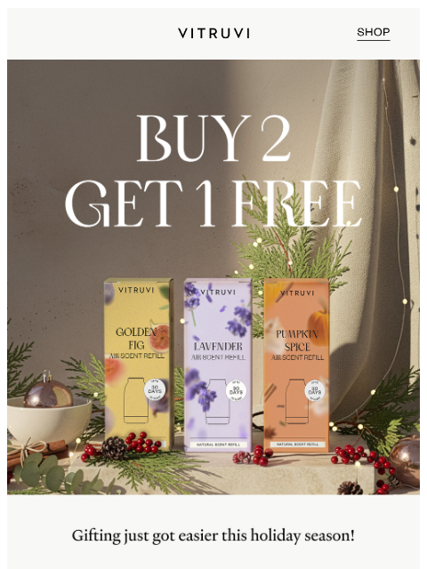 vitruvi newsletter: ON NOW: Buy 2 Scents, Get 1 FREE 🌬️