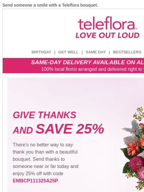 teleflora newsletter: Gift Gratitude 💐 Enjoy 25% Off All Flowers
