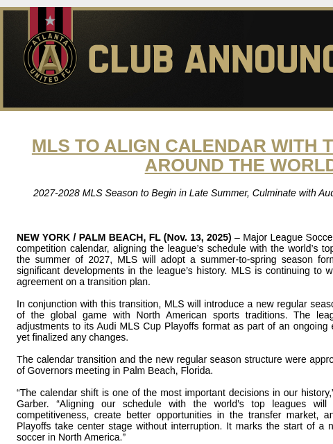 atlutd newsletter: MLS to Align Calendar with Top Leagues Around the ...