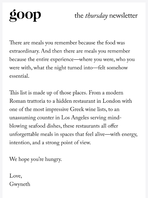goop newsletter: the Thursday newsletter