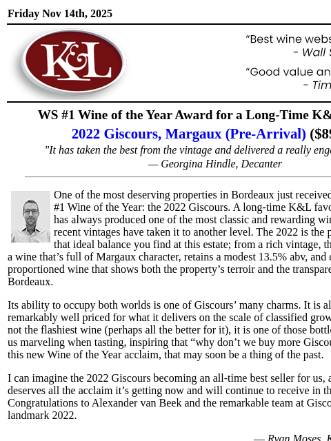 klwines newsletter: Wine Spectator #1 Wine of the Year: 2022 Giscours