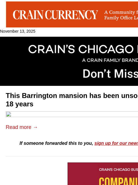 crainalerts newsletter: Long-vacant mansion hits the market