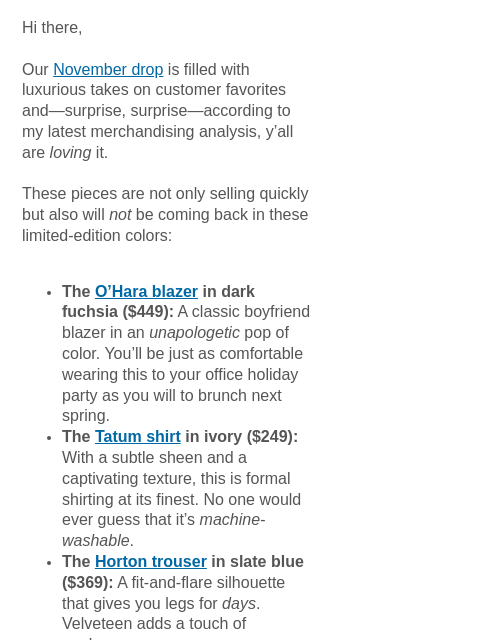 mmlafleur newsletter: SELLING FAST: Shop our November drop.