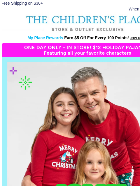 childrensplace newsletter: Today Only! $12 Holiday Character PJs Flash Sale!