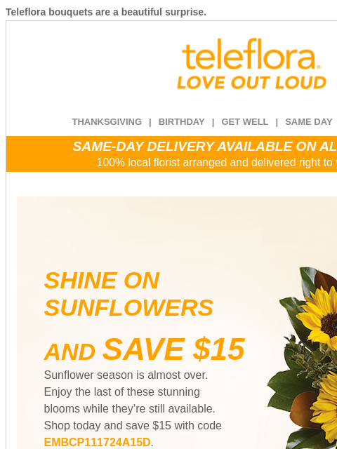 Teleflora bouquets are a beautiful surprise. View in browser ‌ teleflora THANKSGIVING | BIRTHDAY | GET WELL | SAME DAY | DEAL OF THE DAY SAME-DAY DELIVERY AVAILABLE ON ALL BOUQUETS! 100% local florist