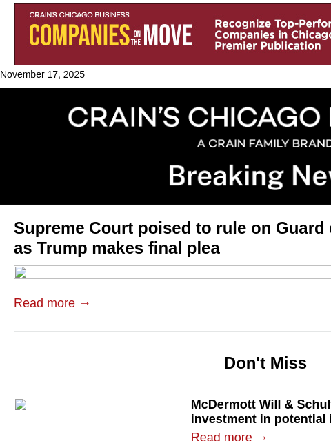 crainalerts newsletter: Trump's final plea to SCOTUS on Illinois Guard dep...