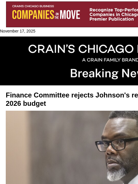 crainalerts newsletter: Finance panel sinks Johnson's revenue plan for 202...