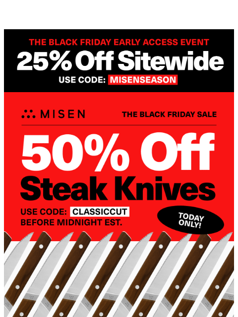 misen newsletter: Today Only: 50% Off Walnut Steak Knives