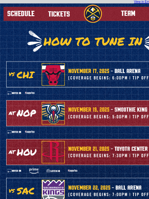 thedenvernuggets newsletter: Tune In as the Nuggets Take On the Bulls, Pelicans...