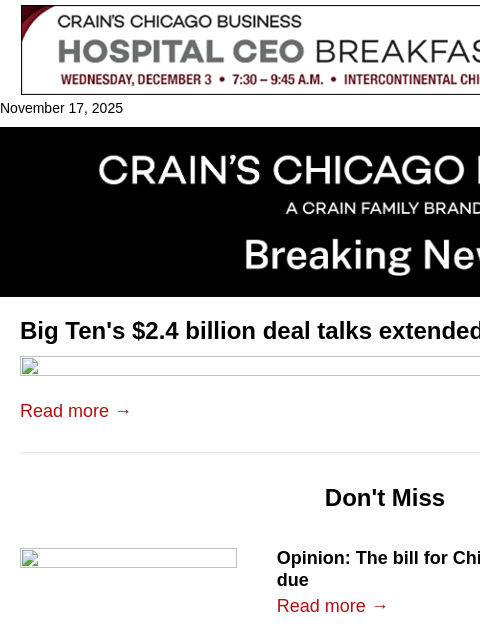 crainalerts newsletter: Big Ten gets more time for $2.4B deal