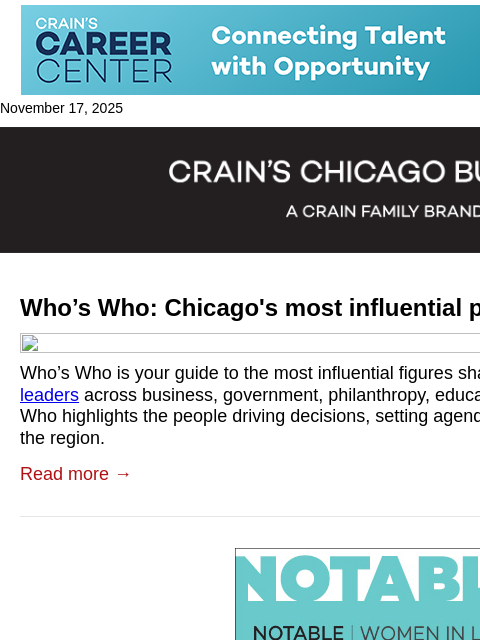 crainalerts newsletter: Who’s Who: Chicago's most influential people