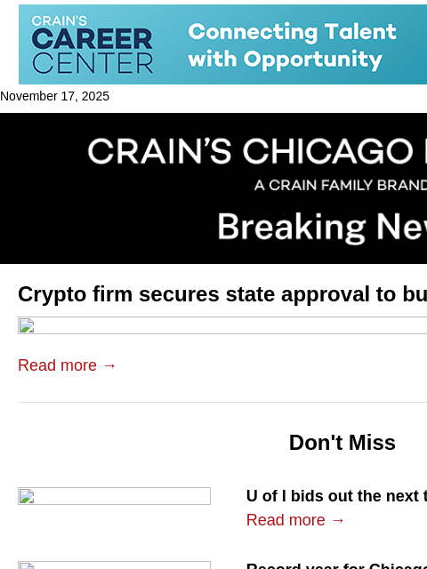 crainalerts newsletter: Illinois OKs Chicago bank sale to crypto firm