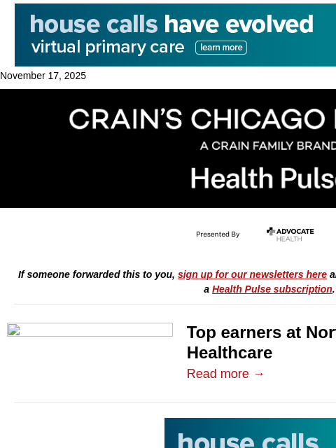 crainalerts newsletter: Top salaries at Northwestern Medicine