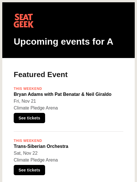 seatgeek newsletter: Bryan Adams with Pat Benatar & Neil Giraldo/Trans-...