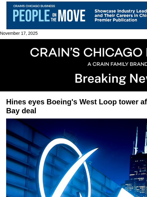 crainalerts newsletter: Hines eyes Boeing tower after Sterling Bay deal fa...