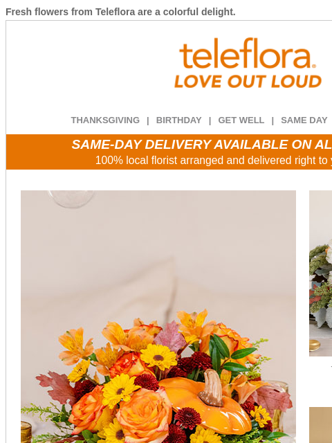 Fresh flowers from Teleflora are a colorful delight. View in browser ‌ teleflora THANKSGIVING | BIRTHDAY | GET WELL | SAME DAY | DEAL OF THE DAY SAME-DAY DELIVERY AVAILABLE ON ALL BOUQUETS! 100% local