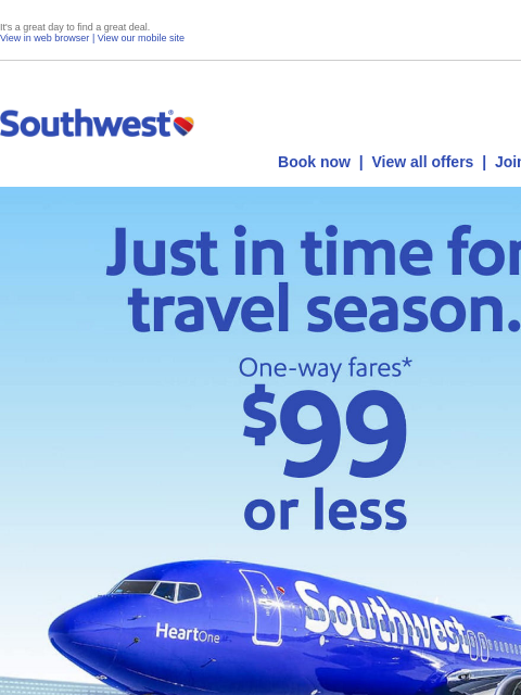 southwest newsletter: $99 fares or less!