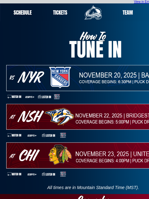 thecoloradoavalanche newsletter: Tune In as the Avalanche take on the Rangers, Pred...