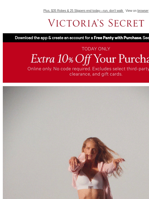 victoriassecret newsletter: Today: Extra 10% Off + BOGO 50% Off PJs