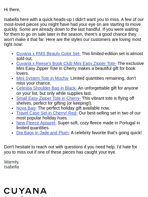 cuyana newsletter: Low Stock Alert on Most-Loved Pieces