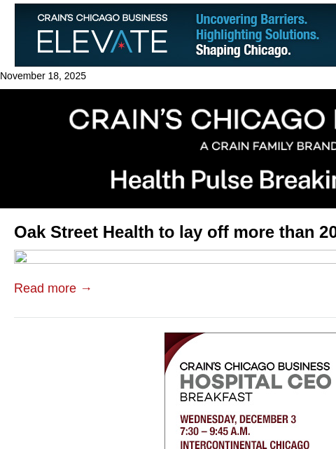 crainalerts newsletter: Layoffs at Oak Street Health