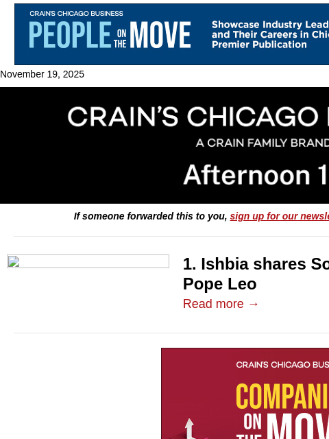 crainalerts newsletter: Will Pope Leo bless Sox stadium vision?