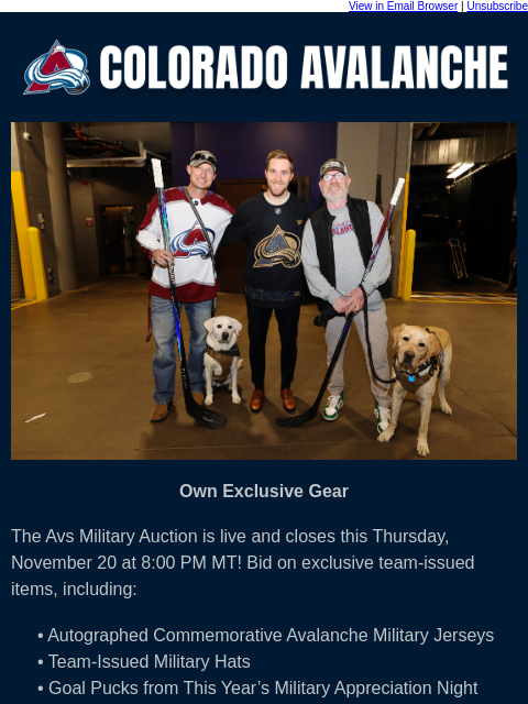 thecoloradoavalanche newsletter: ⛰️Avalanche Military Auction