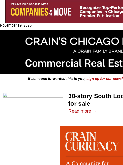 crainalerts newsletter: South Loop apartment tower up for sale