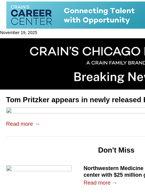 crainalerts newsletter: Tom Pritzker appears in newly released Epstein doc...